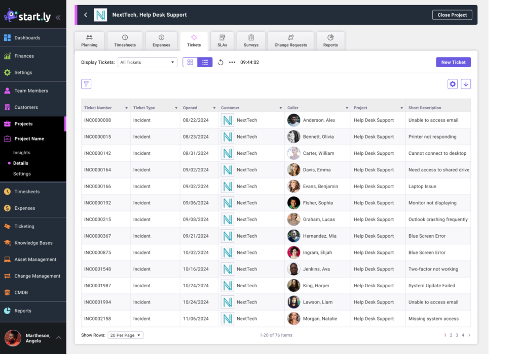 View a list of all tickets submitted for this project.