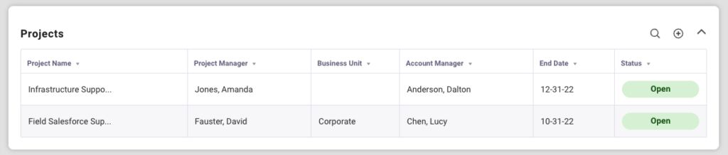 The Projects card on the Customer Detail screen.