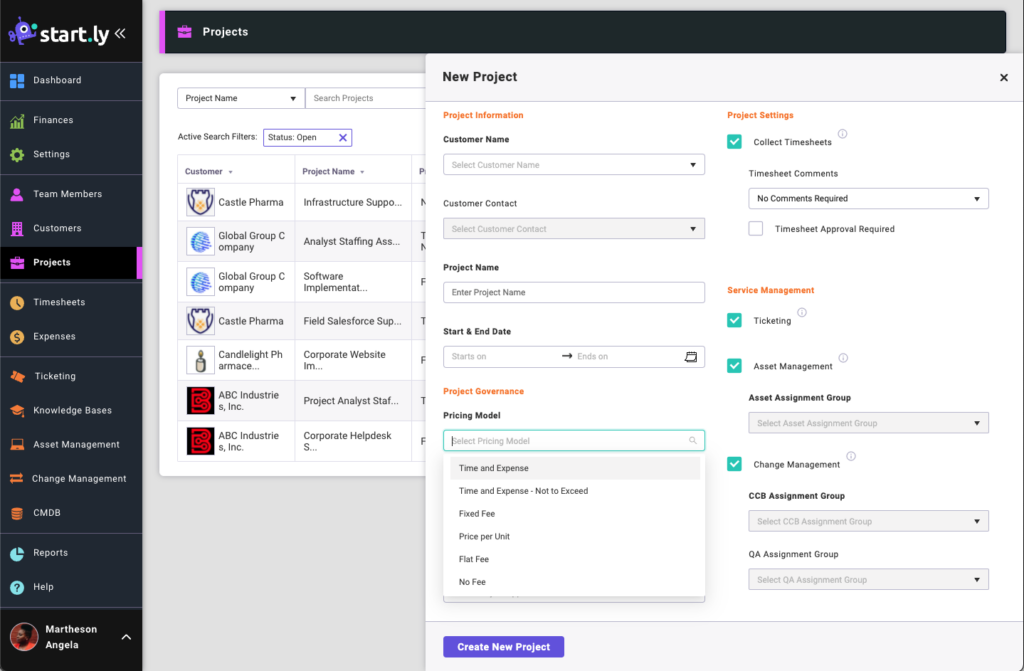 Pricing Model options when creating a new project