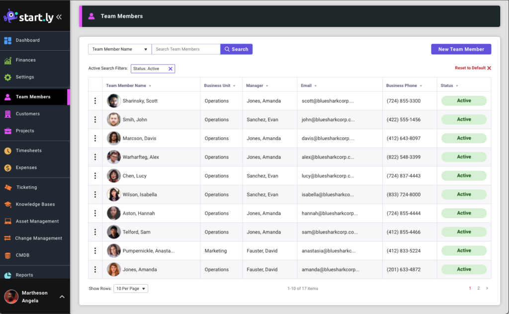 The team members list screen