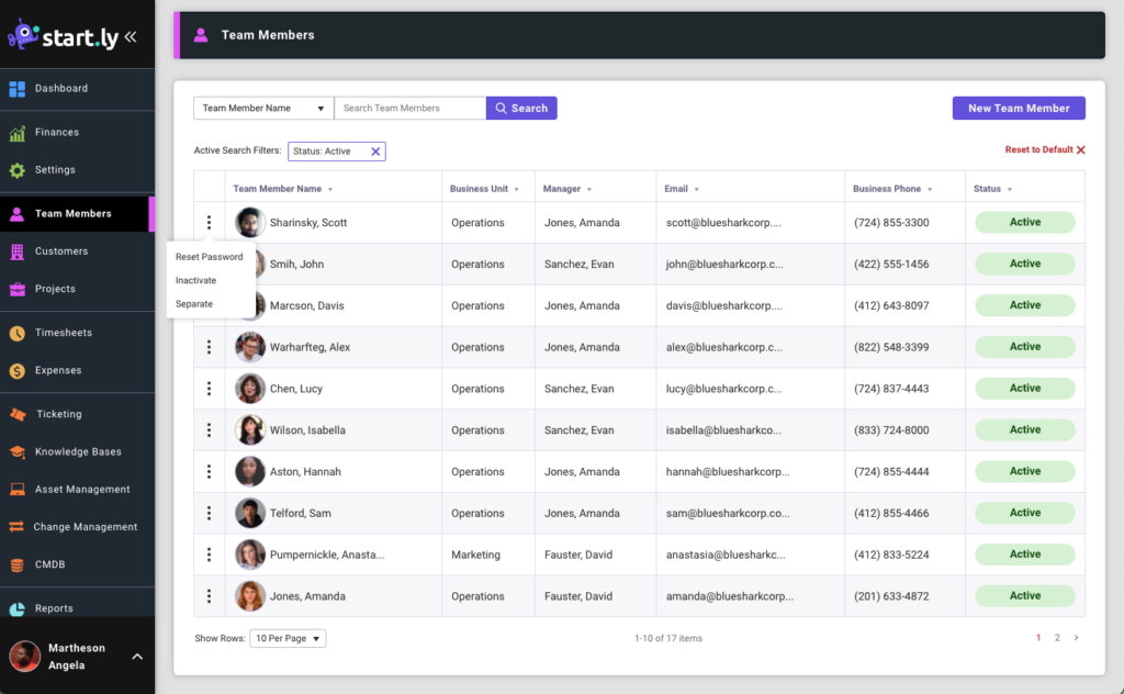 actions for a team member