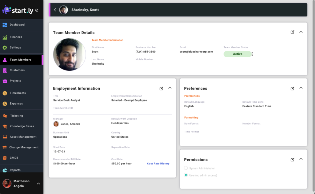 Team member details screen