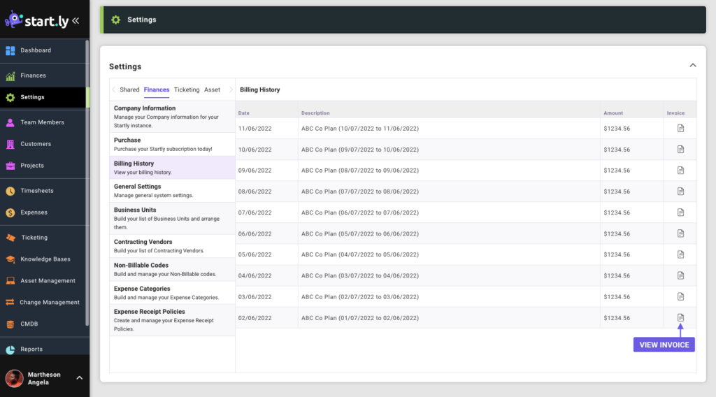 Billing History - Finances Settings