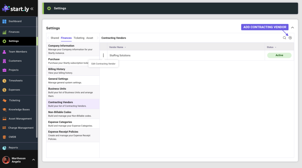 Contracting Settings - Finances Settings