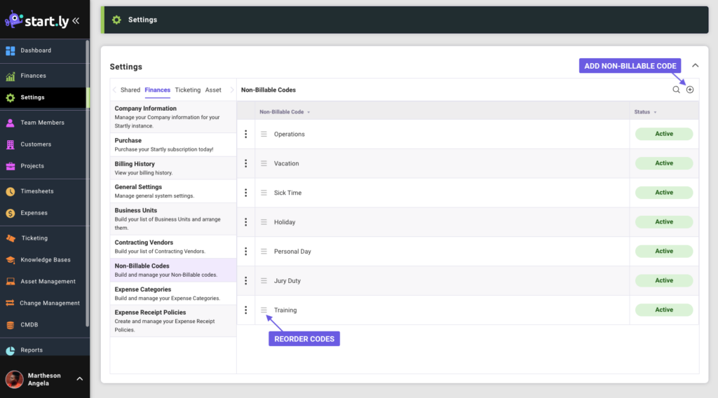 Non-Billable Codes - Finances Settings