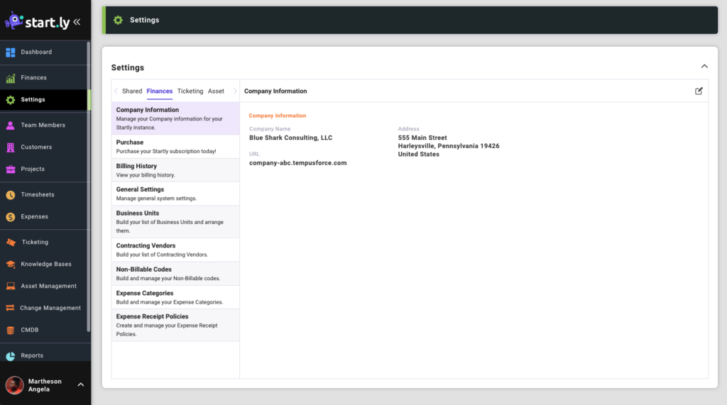 Finance Settings Company Information
