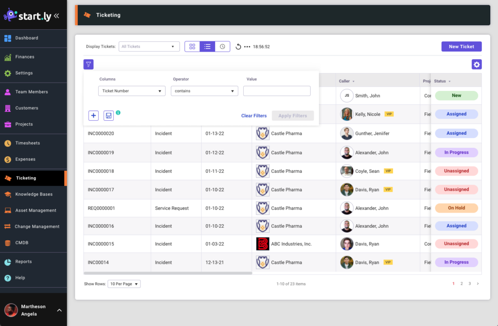 Ticketing list filter with operators