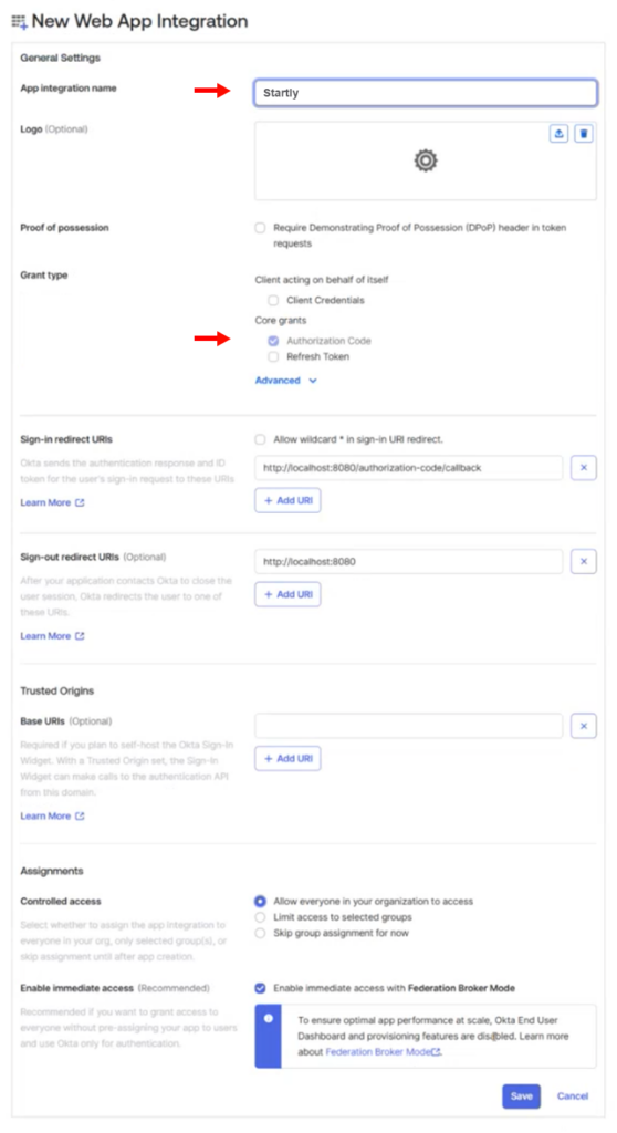 New Web App Integration Form: