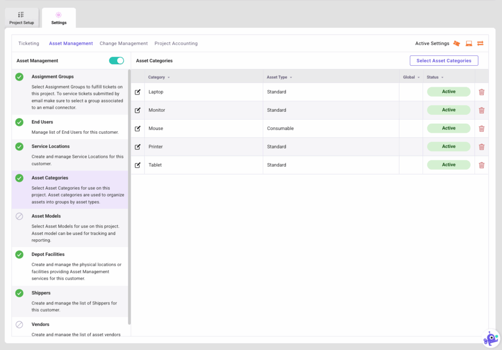 Asset Management Settings Asset Categories