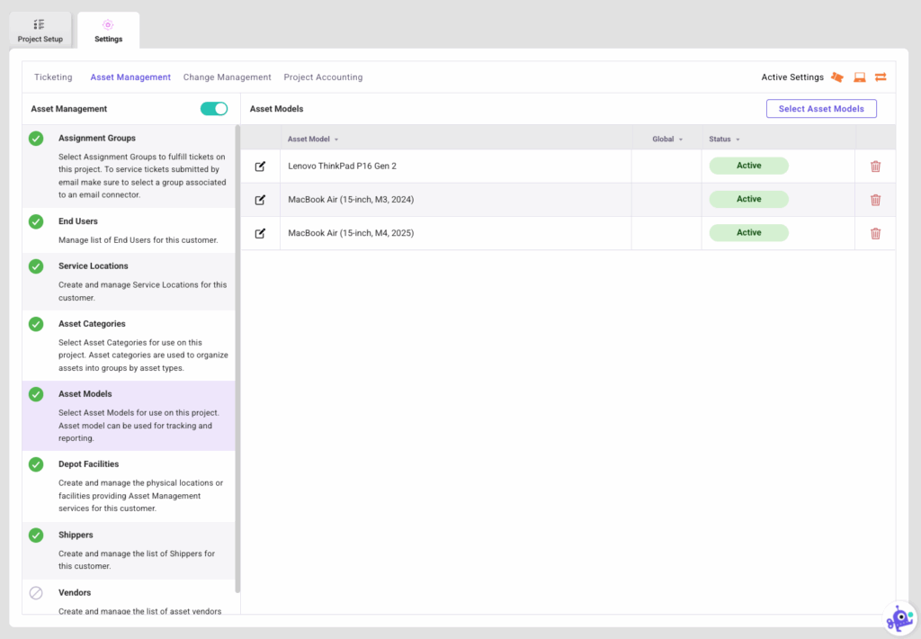 Asset Management Settings Asset Models