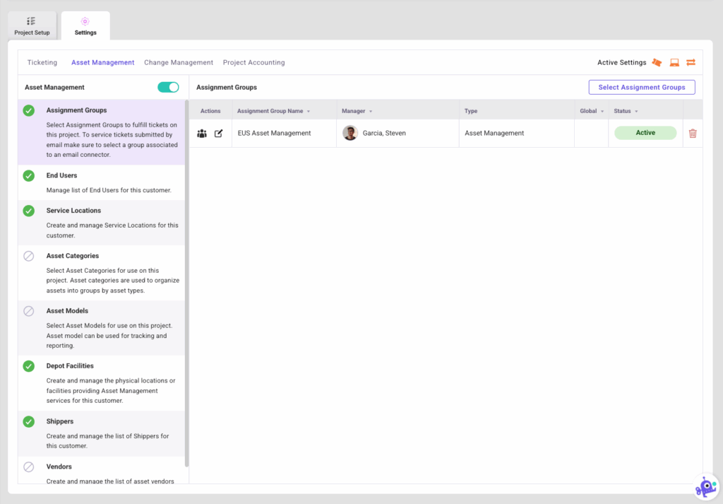 Asset Management Settings Assignment Groups