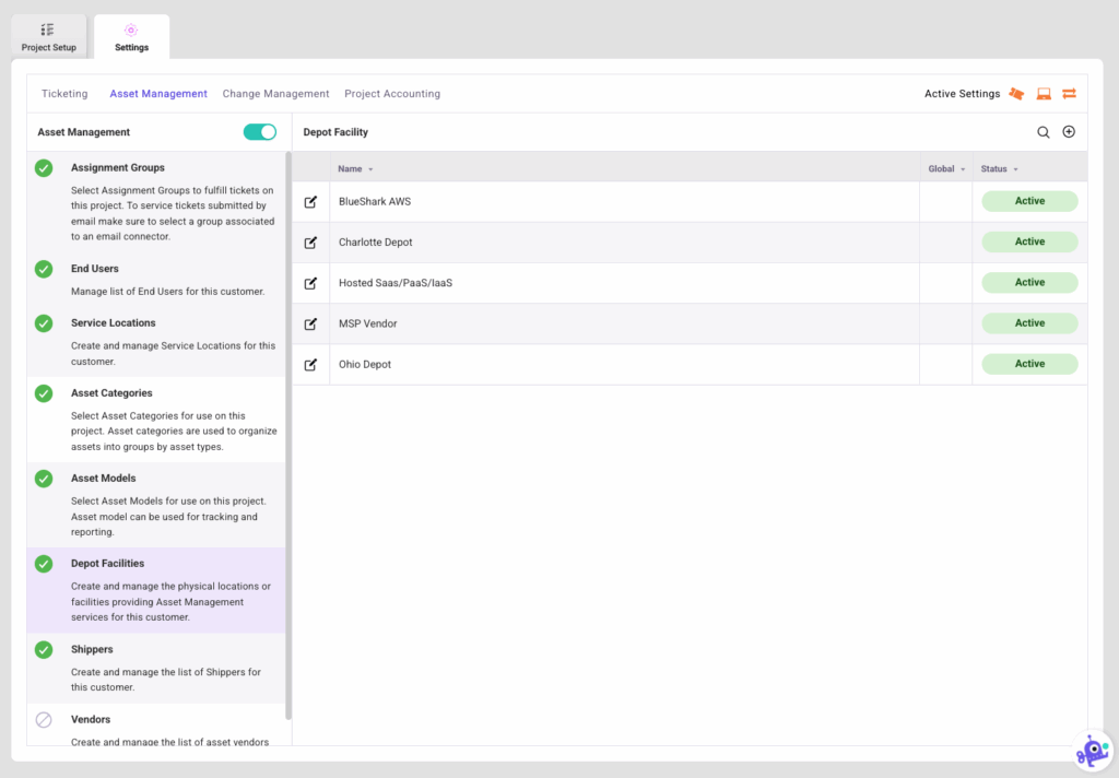 Asset Management Settings Depot Facilities