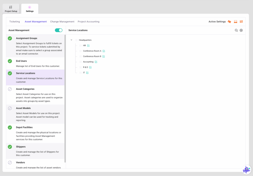 Asset Management Settings Service Locations