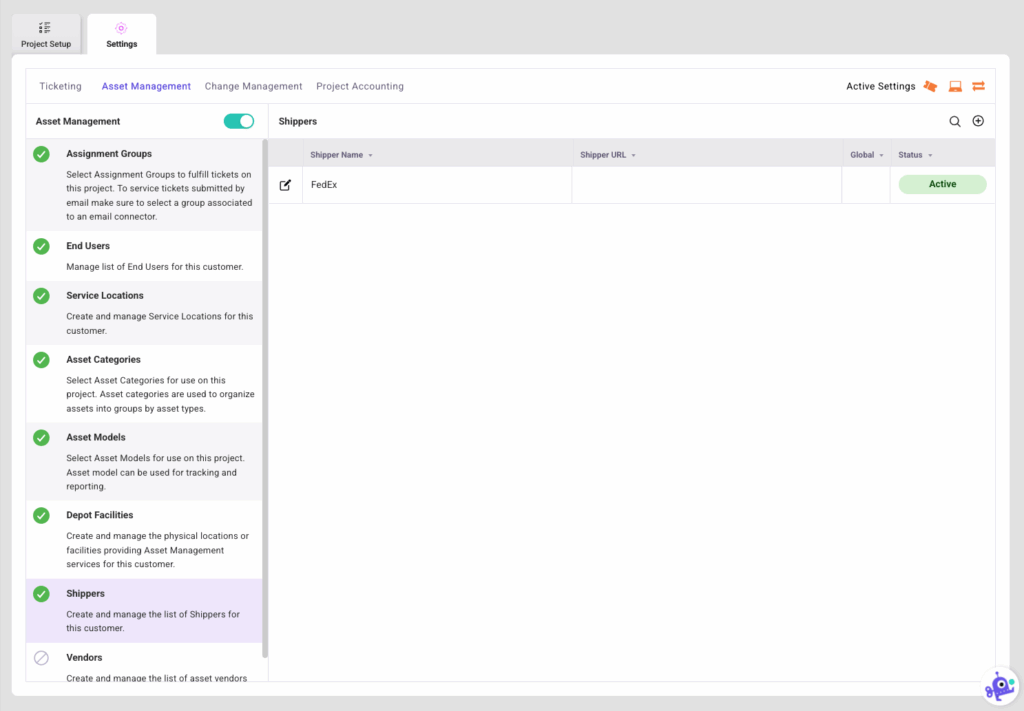Asset Management Settings Shippers