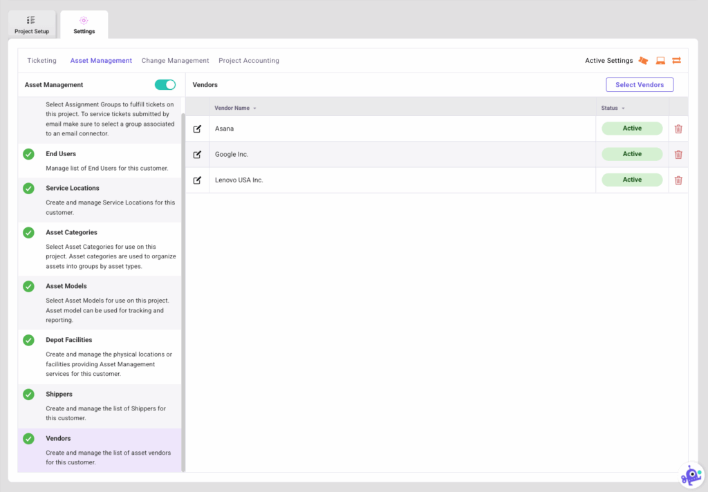 Asset Management Settings Vendors