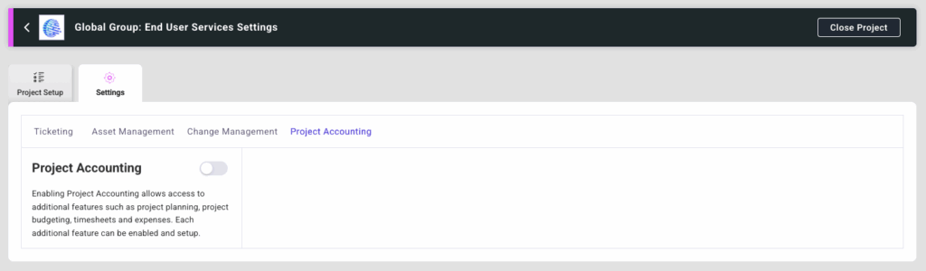 Project Accounting Settings Disabled