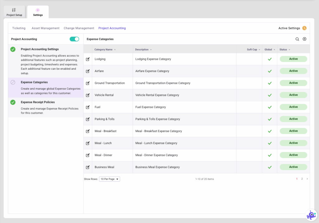 Project Accounting Settings Expense Categories