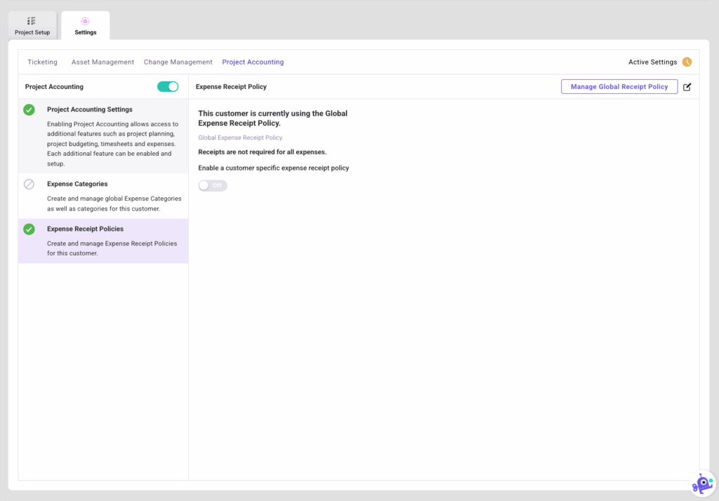 Project Accounting Settings Expense Receipt Policies