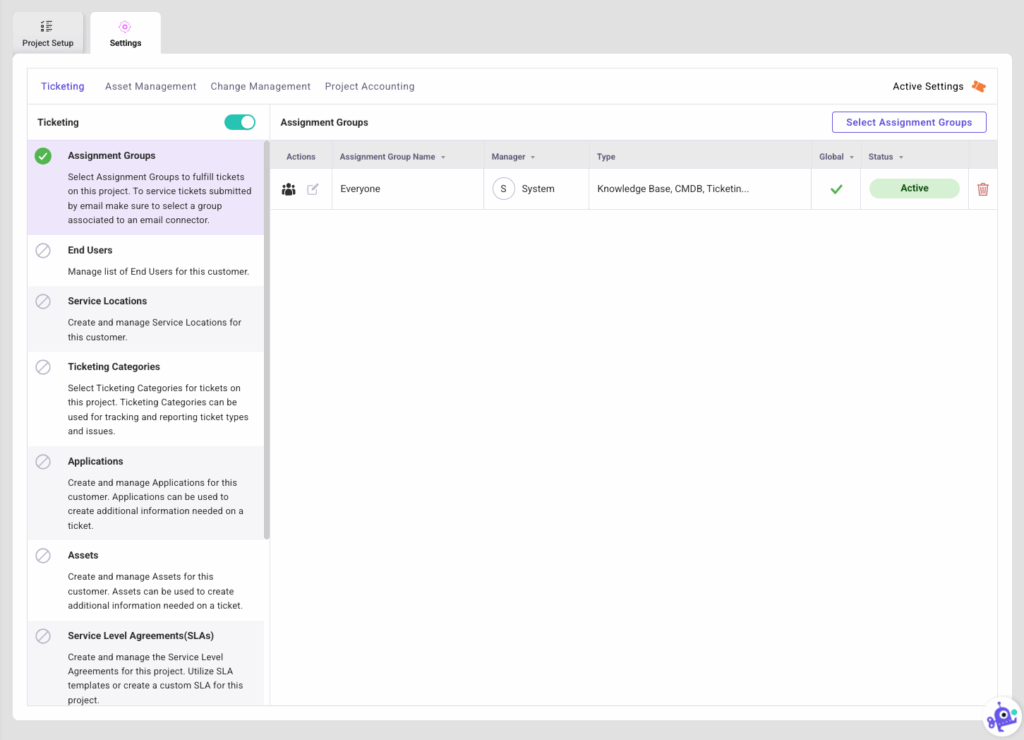 Ticketing Settings Assignment Groups