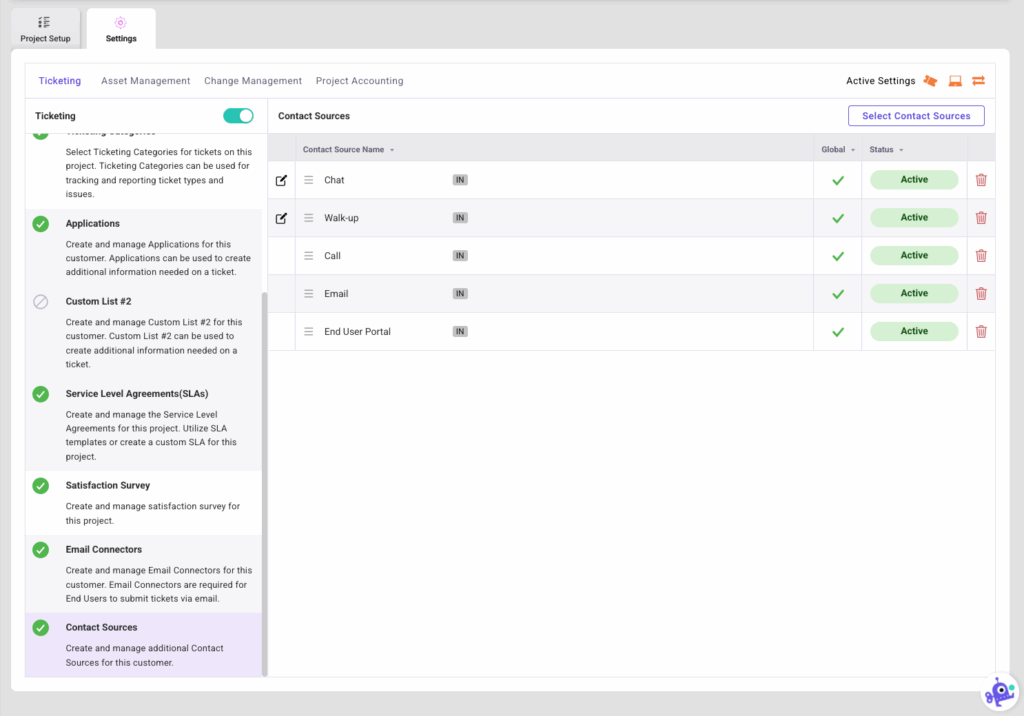 Ticketing Settings Contact Sources