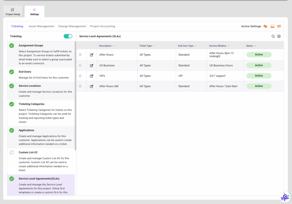 Ticketing Settings SLAs