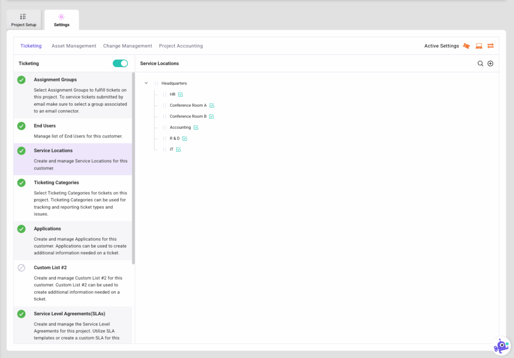 Ticketing Settings Service Locations