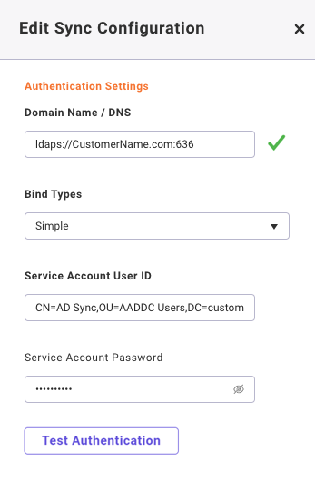 End Sync Configuration Test Authentication
