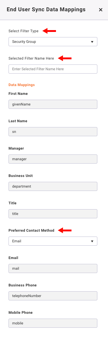 End User Sync Data Mappings (Filtered)