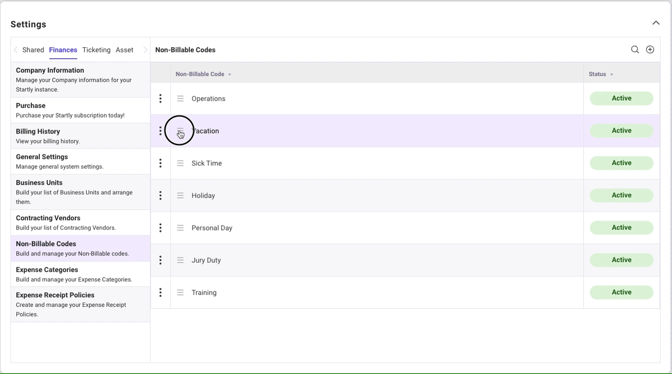Reorder Non-Billable Codes - Finances Settings