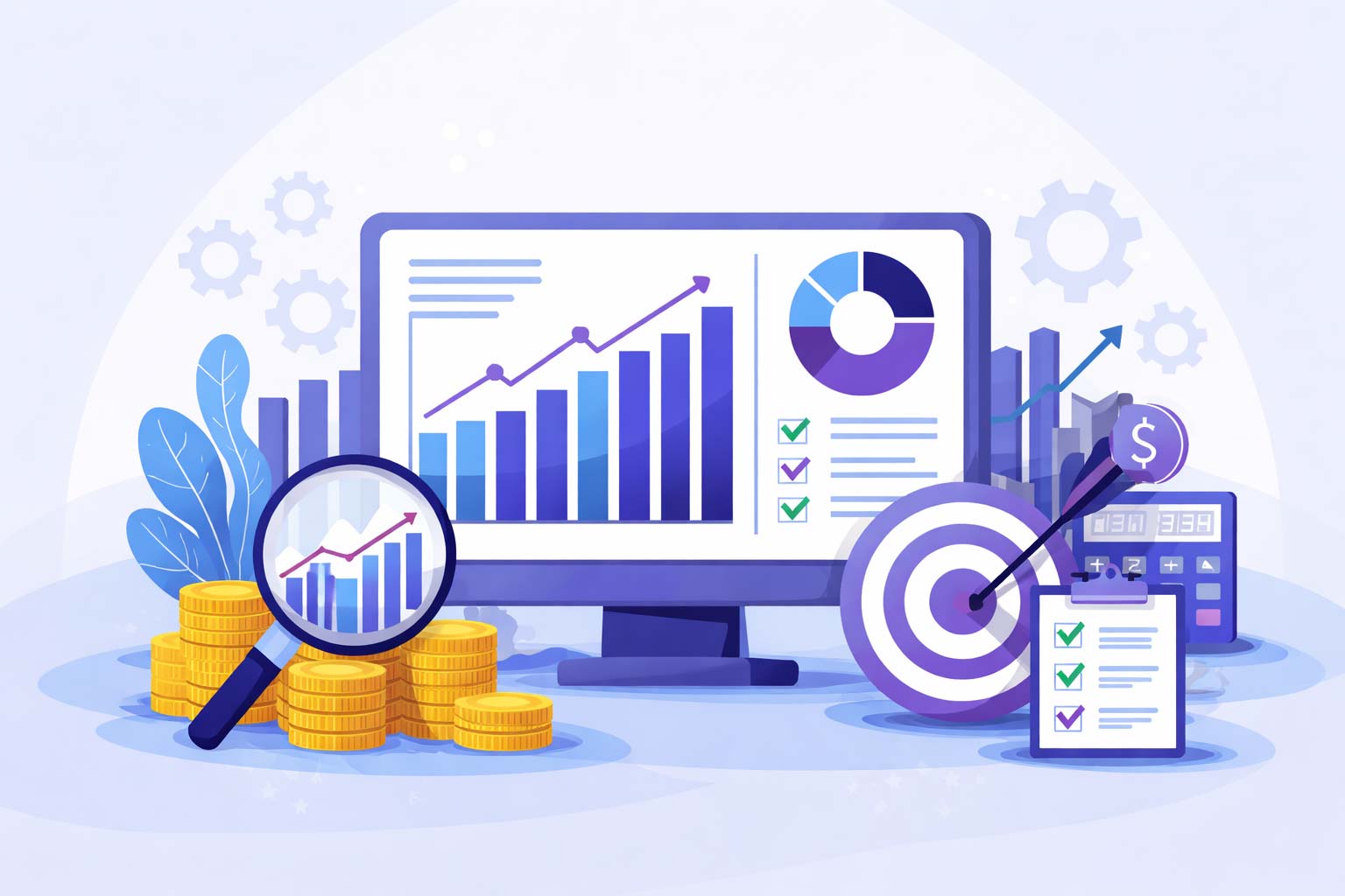Illustration of an asset management metrics dashboard with charts, checklist, target, and analytics tools